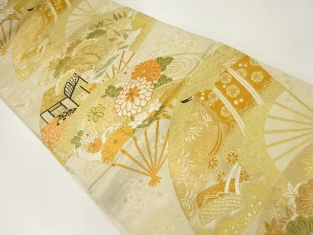 アンティーク　扇に御所車・菊模様織出し丸帯（材料）